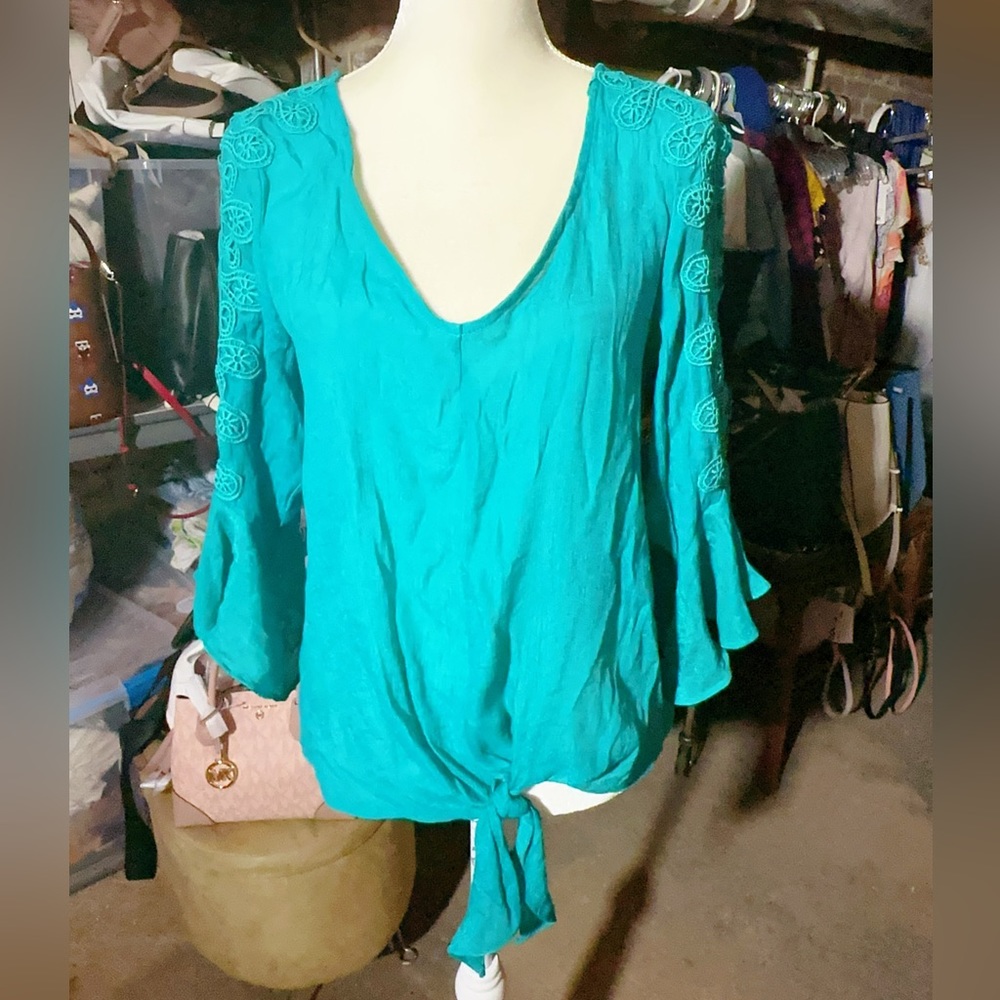 Just Found teal top long bell open sleeve embroidered floral tie front v-neck